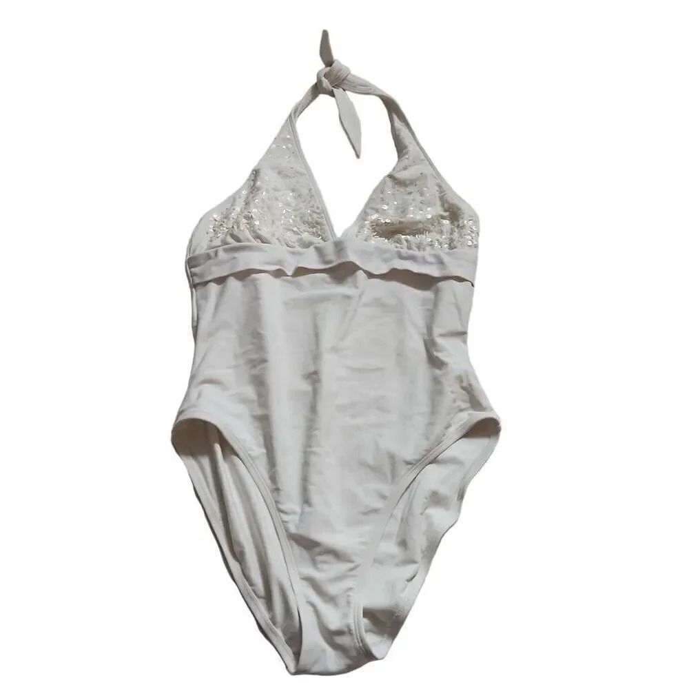 La Blanca Rod Beattie Ladies Sz 12 White Halter Sequin Beaded One Piece Swimsuit